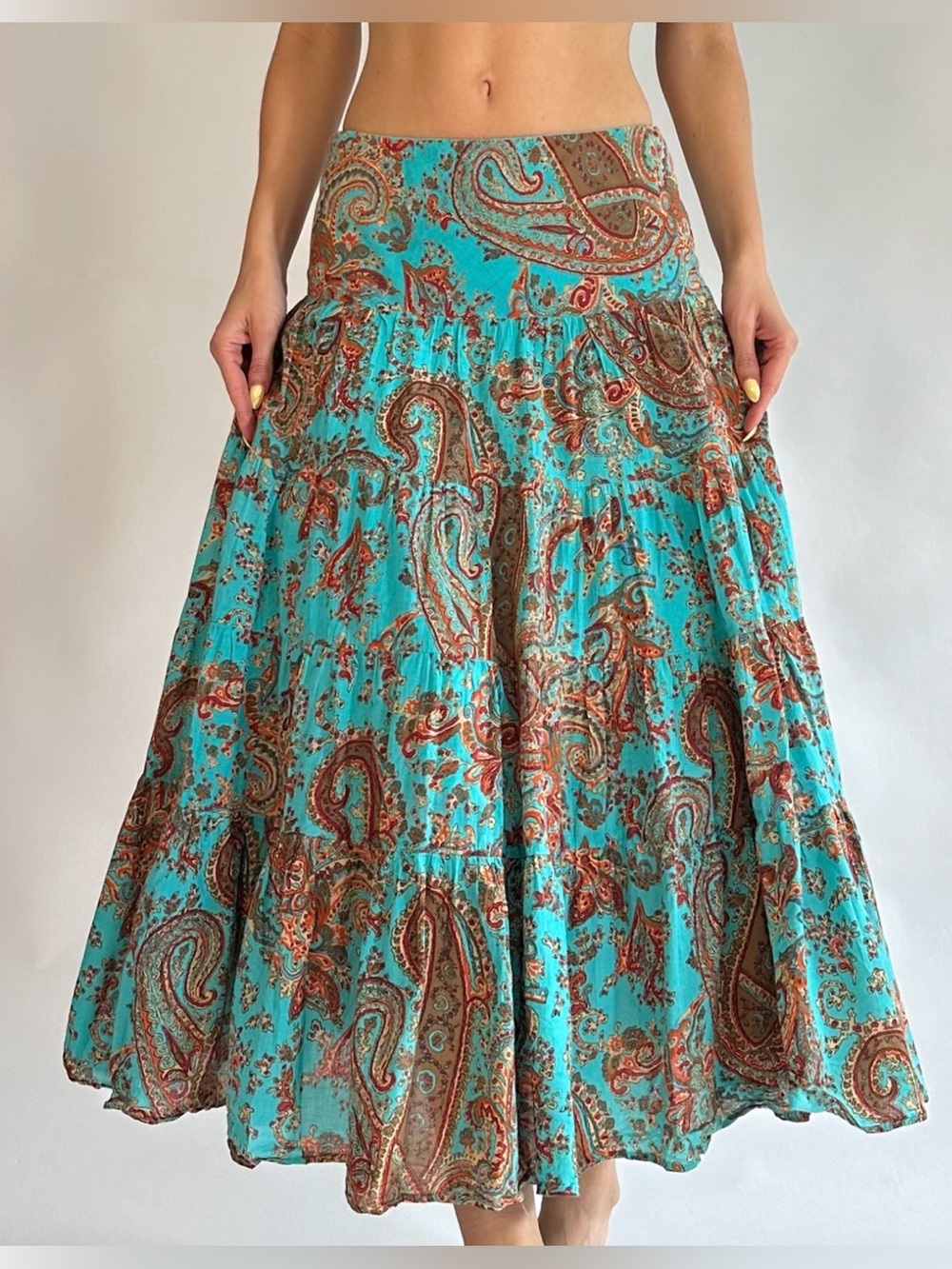 Ralph Lauren Vintage Boho Paisley Print Blue Flowy Low Rise Maxi Skirt Cotton 1X - Picture 2 of 16